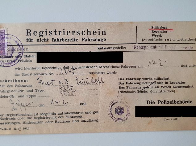 Registrierschein der Schüttoff mit Stilllegung am 14.02.1948