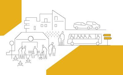 Eine Bleistiftzeichung einer Stadt mit Menschen, Häusern und Verkehrsmittel mit gelbem Akzenten