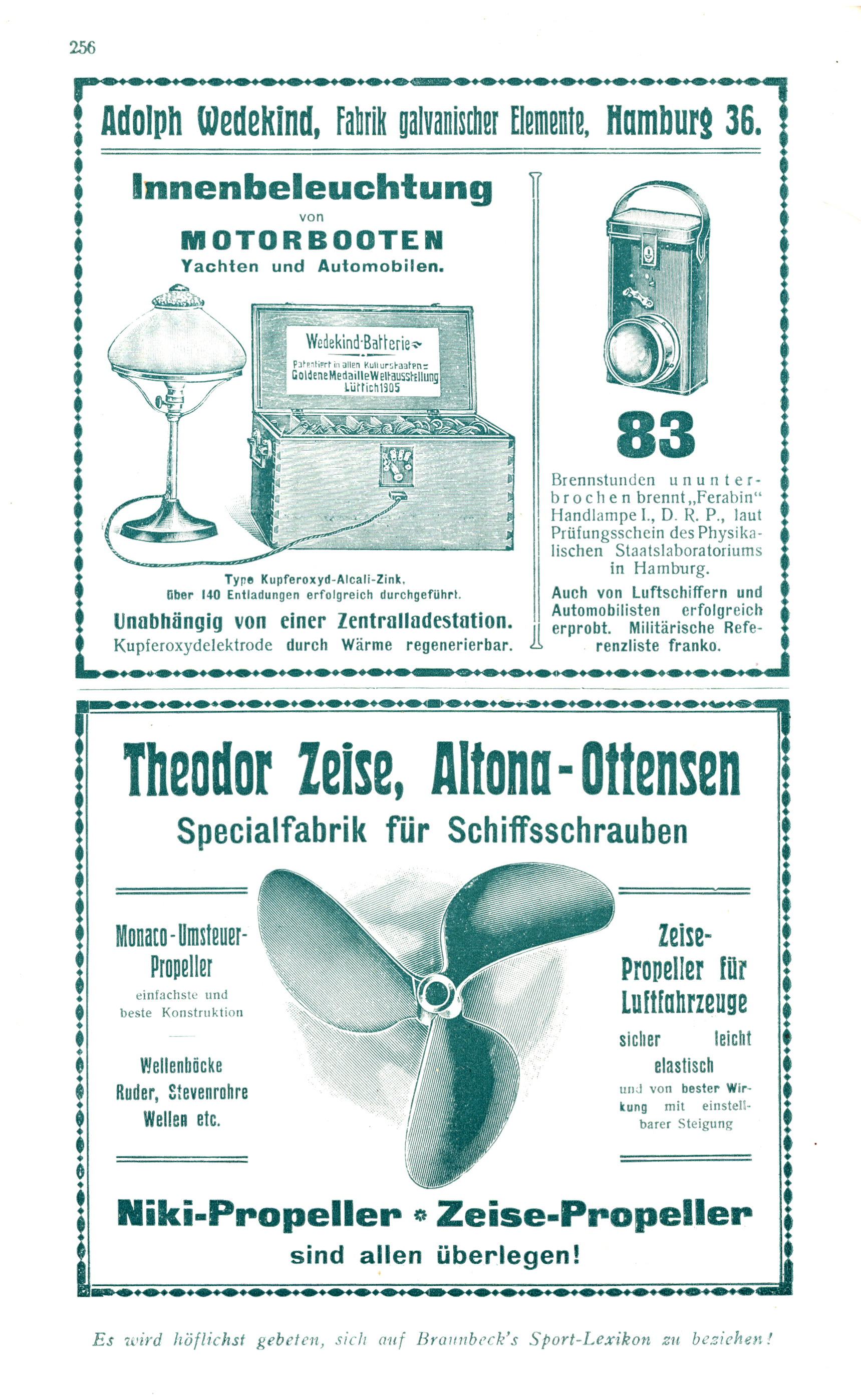 Beispiele für Werbeanzeigen: Adolph Wedekind - Fabrik galvanischer Elemente und Theodor Zeise - Spezialfabrik für Schiffsschrauben