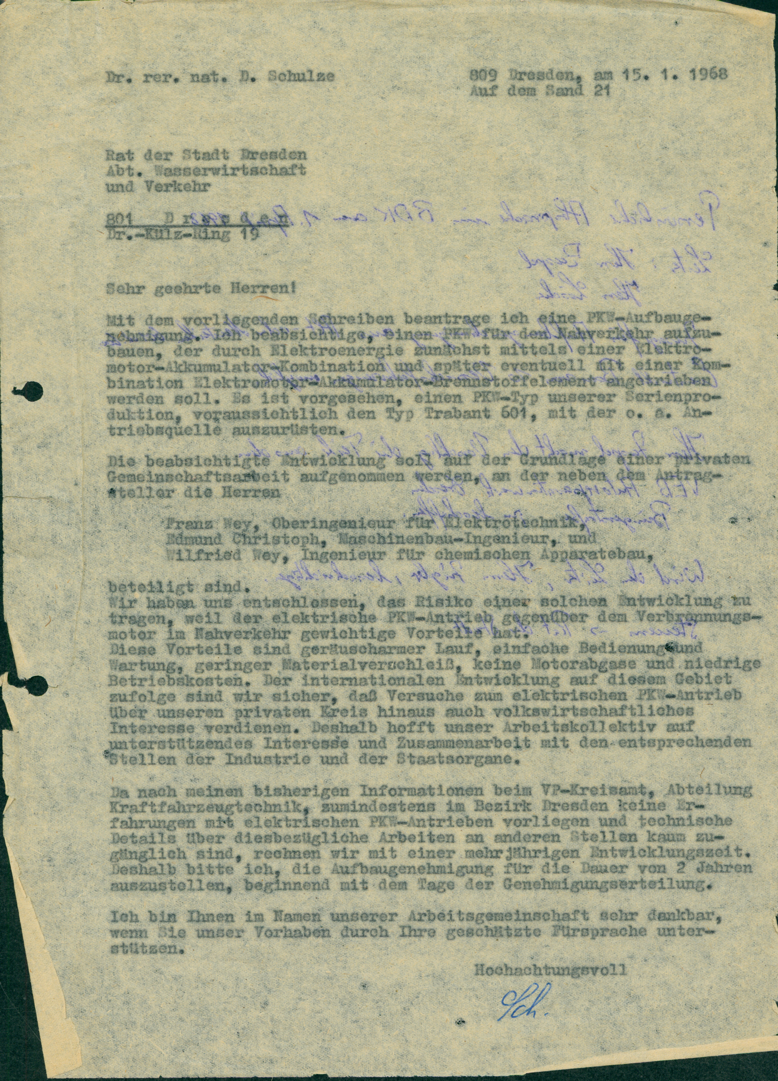 Antrag von Dr. Schulze für eine Aufbaugenehmigung eines Elektro-Pkws am 15.01.1968 an den Rat der Stadt Dresden, Abteilung Wasserwirtschaft und Verkehr.