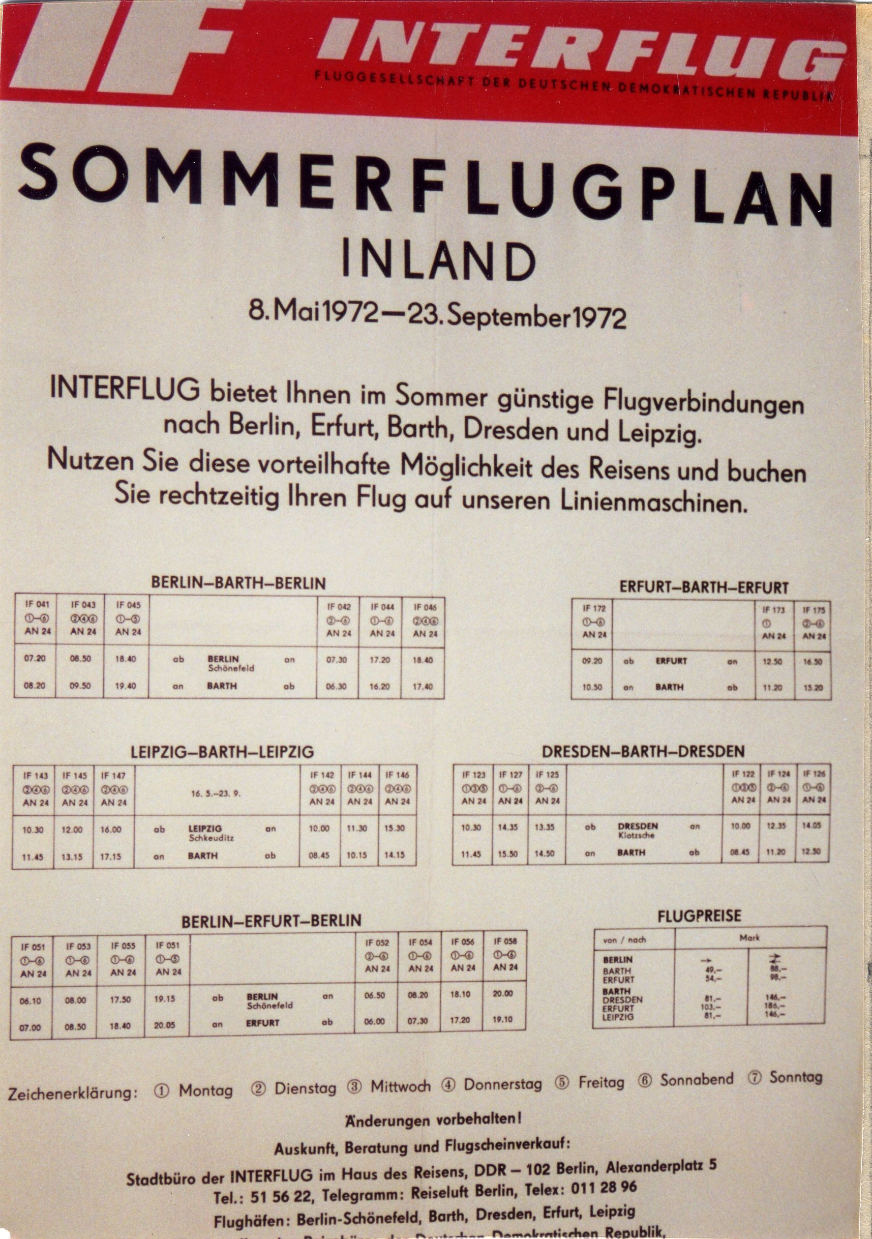 Sommerflugplan Interflug, Inlandsflüge 1972