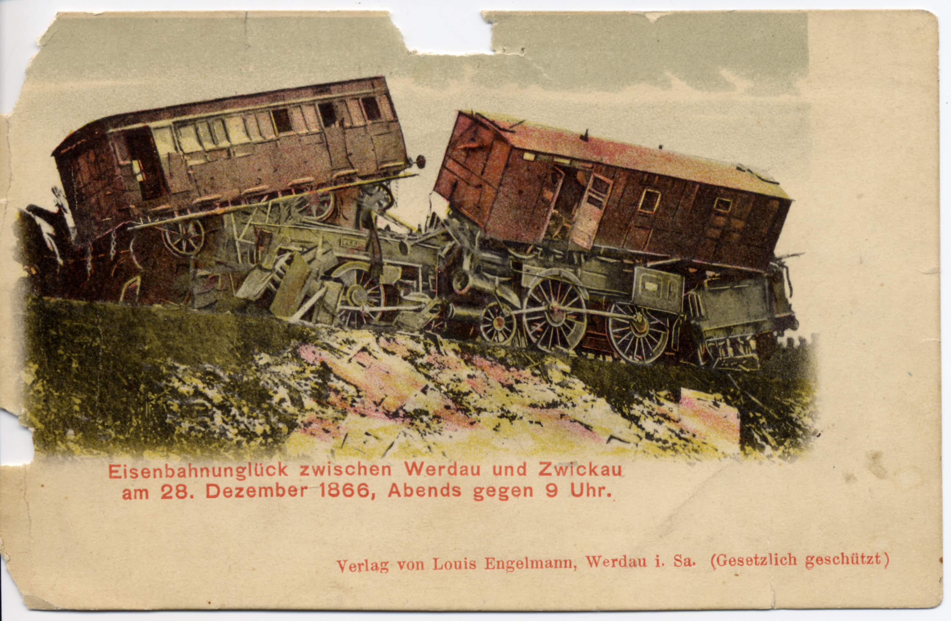 Postkarte mit dem Eisenbahnunglück zwischen Werdau und Zwickau am 28. Dezember 1866, Abends gegen 9 Uhr