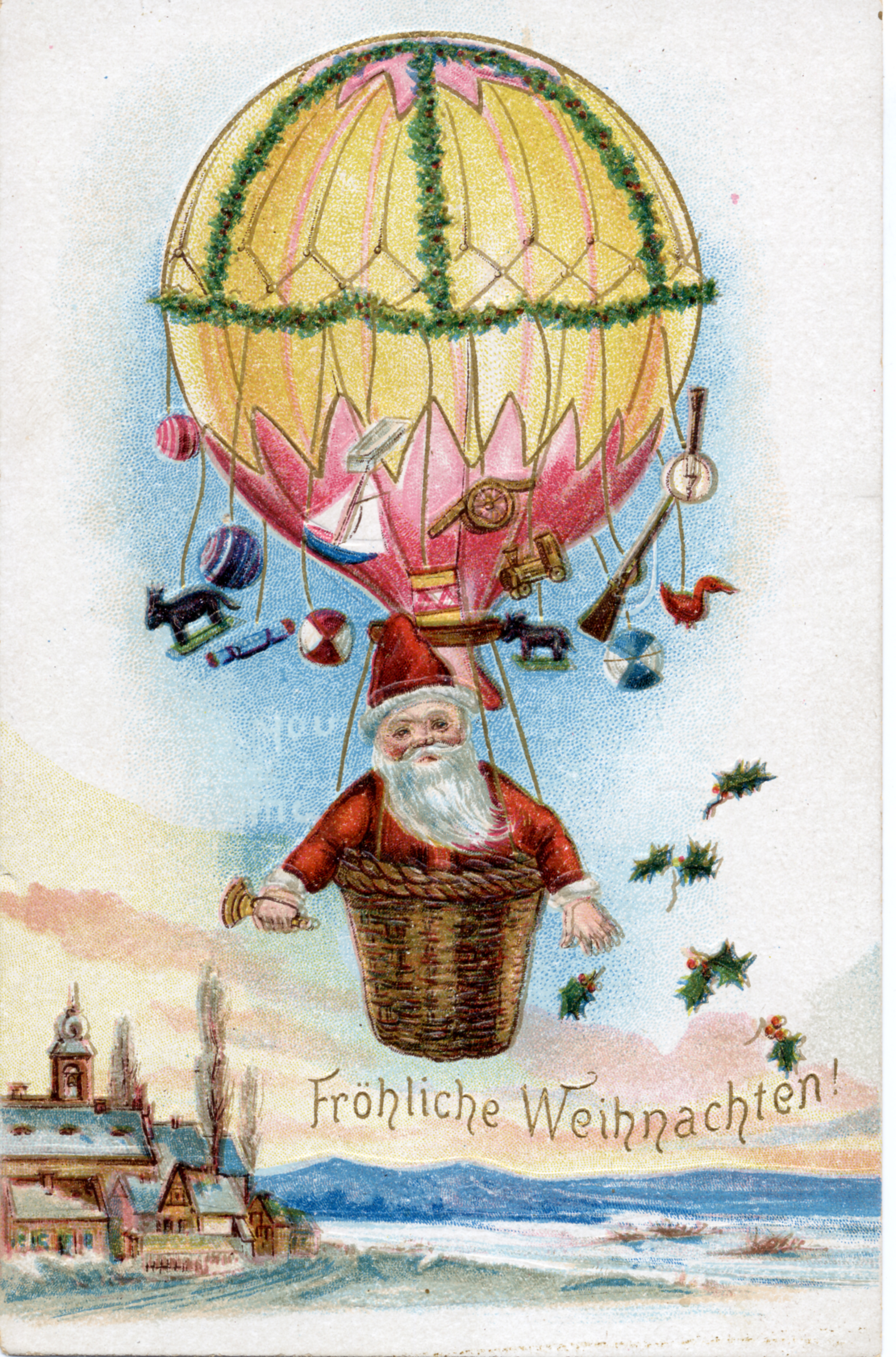 Postkarte “Fröhliche Weihnachten” mit einem Weihnachtsmann im Heißluftballon